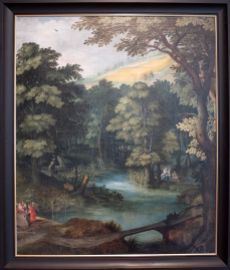 Anonyme à la manière de Chris van Conixloo, "Paysage avec scènes de l'enfance du Christ", première moitié du XVIIe siècle. Un petit air tropical, non ?